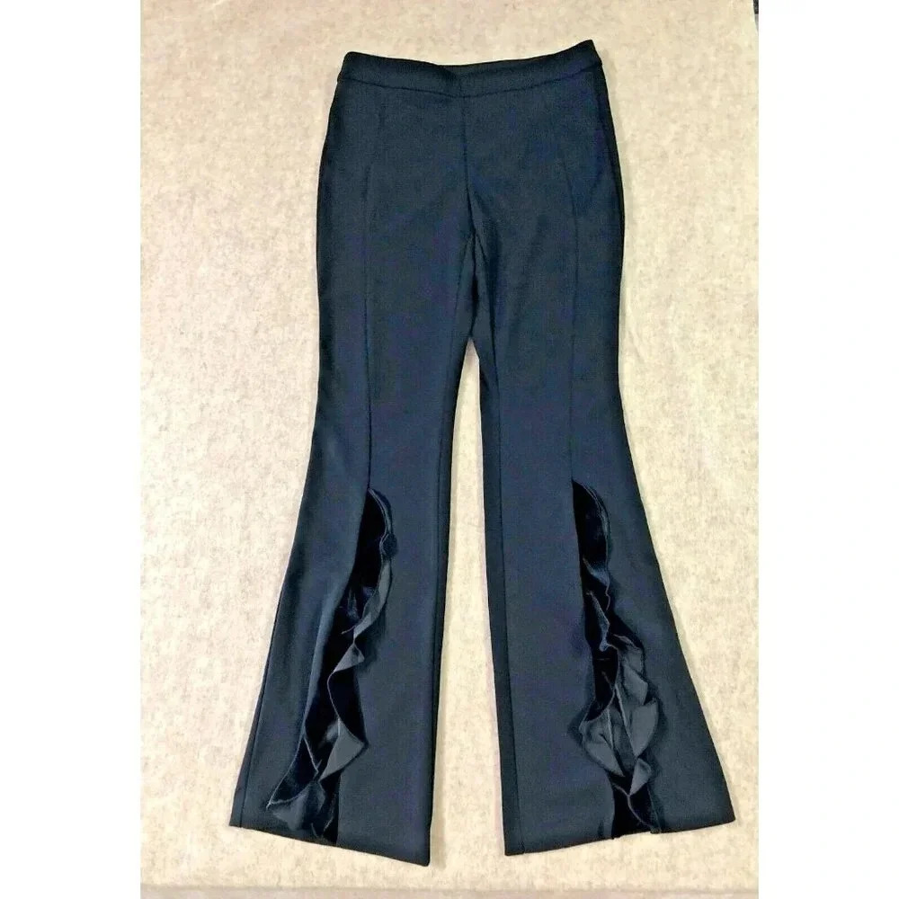 INC High Rise Dress Pants‎ Ruffle Velour Flare Front Slit Elastic Waist SZ 4